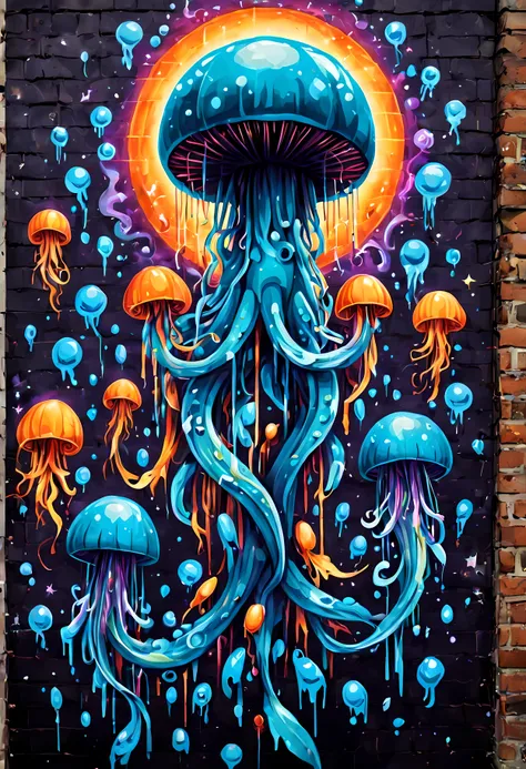 (pixel art:1.4), made of elemental_graffiti, design a mesmerizing ((((wall graffiti)))) featuring magnificent jellyfish floating...