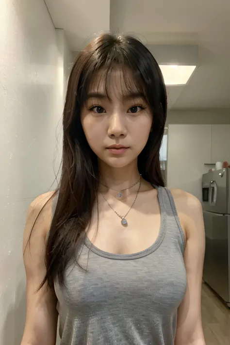 arafed asian woman with a necklace and a gray tank top, beautiful young korean woman, gorgeous young korean woman, beautiful south korean woman, korean girl, a young asian woman, korean woman, young adorable korean face, portrait of female korean idol, you...