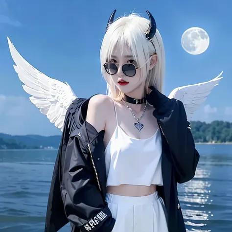 sunglasses,satanic necklace,choker, black suit, suit with tie, black veil, satanic earing,standing in the lake with moon in the ...