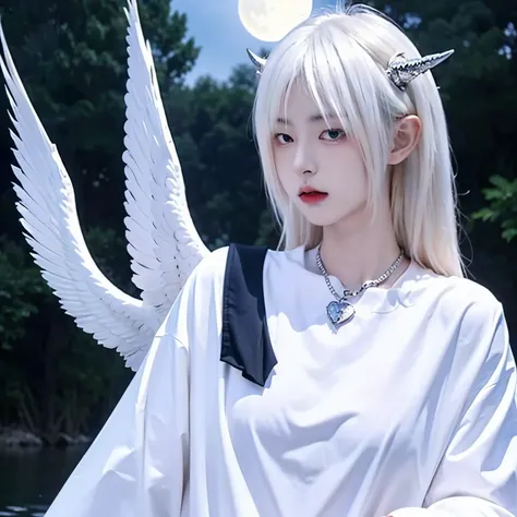 White hair,satanic necklace,choker, black suit, suit with tie, black veil, satanic earing,standing in the lake with moon in the sky, angel, wings, White wings, holy girl, horns, lucifer, white hair