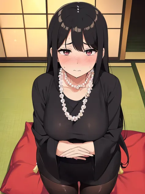 ((highest quality, masterpiece)), japanese woman、Are standing、Are standing、(vapor、pearl necklace、black dress、black dress、black tights、vapor、Sweat、blush:1.3), ((MILF:1.5、、black hair、long hair、), ((tatami、Japanese cushion、indoor))