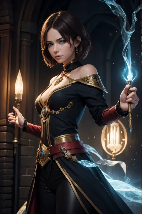 8k,blue eyes, brown hair short bob hair,red and black wizard costume, fantasy concept art portrait, fantasy art, Portrait of a female magician, fantasy art, Alexandra Fomina Art Station, 8Kfantasy art, beautiful magician, 壮大な絶妙なcharacter art,超A high resolu...