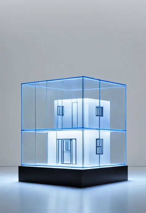 fine art photography | A minimalist glass boxx with white and blue neon light house designed by Nendo | in the universe | Geometric; futuristic; minimalist;