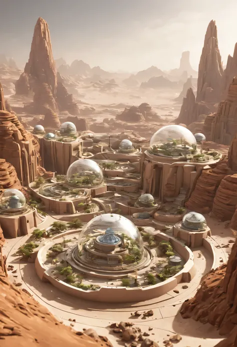 bonsai carving base， A towering glass-domed city on Mars，Featuring intricate tunnels and narrow stone passages， Connect various buildings and facilities. The city is surrounded by barren land，Rocky landscape，Zaha Hadid，studio lighting，front Photo，3D art，mi...