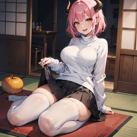 cutie succubus with pink hair and yellow eyes, monster girl, short hair, soft pink skin, white knitted sweater, large breasts 95 girth, black short skirt, white stockings, demon tail, looks at the viewer, sits on the floor of a cozy Japanese home, black sc...