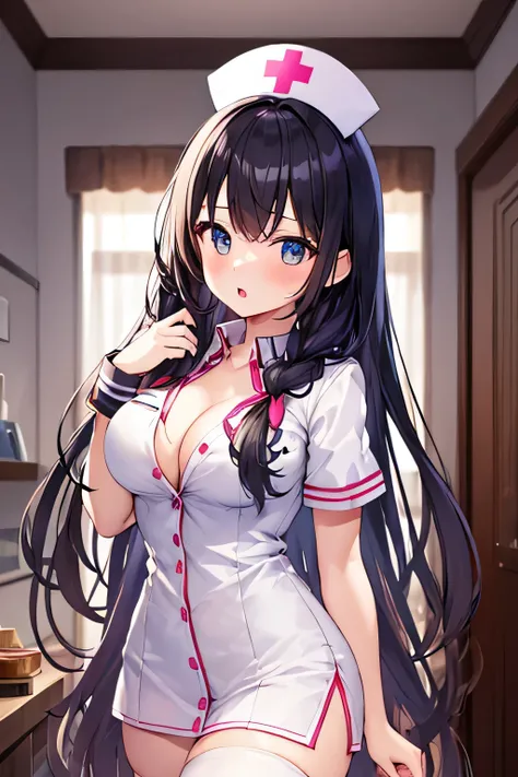 masterpiece、best image quality、ultra high resolution、teenage girl with big breasts、twin tail hairstyle、black hair、red face、shyly、mock、Open your mouth just a little、A white short-sleeved nurse uniform that shows the cleavage of a teenage girl、white thigh hi...