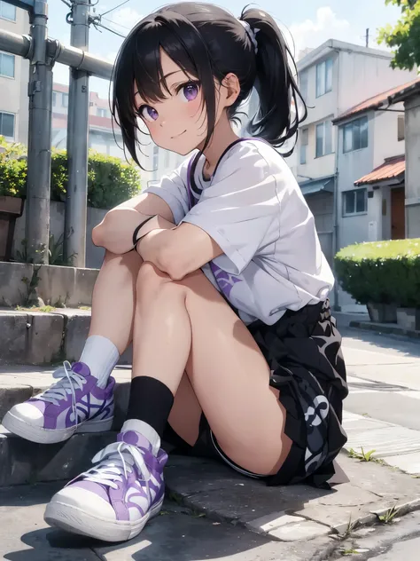 masterpiece, highest quality, disorganized, perfect anatomy, one girl, alone, Inabamute, ponytail, black hair, light purple eyes,spring coordinated fashion, Black knee-high socks under shirt shorts with black sleeves rolled up、(((He shows off his white sne...