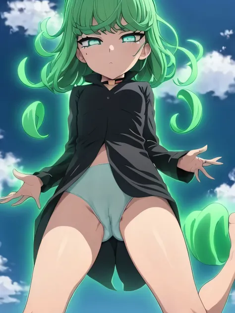 green hair,green eyes,surprised face,tears in my eyes,(collar),(lead)、elementary school girl、((stand with legs apart))、Transparent、(((Cover your pussy with both hands)))、naked、10 years old、lolicon、((floating in the air))、shining outline