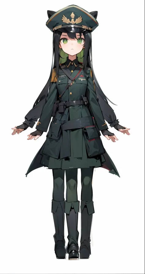 Girls, four arms, three legs, one body, green eyes, black long hair, black military unifom