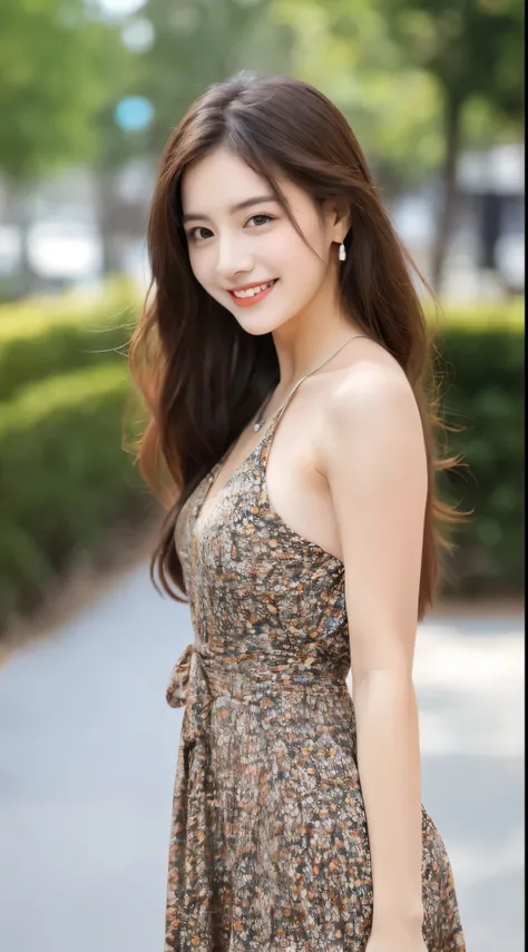 ulzzang-6500-v1.1, (RAW photo:1.2), (Photoreal), (genuine:1.4), (muste piece), beautiful woman with perfect figure: 1.2, dark brown hair, wearing a pendant, strapless、elegant long dress、(very kind smile:1.2)、 highly detailed face and skin, fine eyes, doubl...