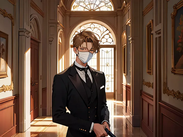 Highest, high quality, masterpiece, eye details, good looking, good looking, Butler, hallway window, Cleaning with a mask, aristocratic house, masterpiece, Highest品質, beautiful, animation