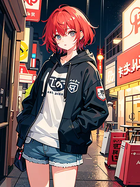 ((highest quality))、((masterpiece))、((Super detailed))、1 female、alone、incredibly absurd、oversized hoodie、headphones、street、outdoors、it rains at night、neon、short cut hair、brightly colored eyes、put one&#39;Hand in hand&#39;pocket of、shorts、water dripping、Red...