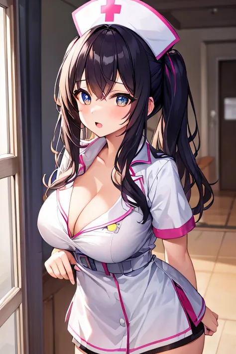 masterpiece、best image quality、ultra high resolution、teenage girl with big breasts、twin tail hairstyle、black hair、red face、shyly、mock、Open your mouth just a little、A white short-sleeved nurse uniform that shows the cleavage of a teenage girl、white thigh hi...