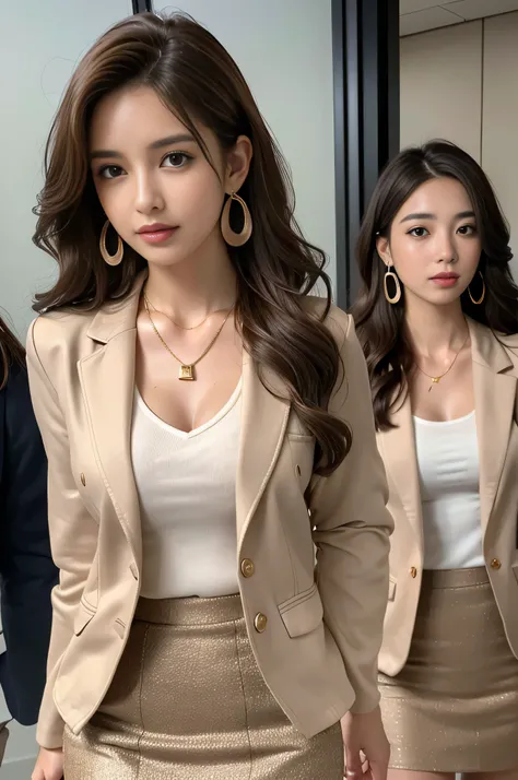 muste piece、highest quality、photorealistic、Super detailed、fine details、High resolution、8K wallpaper、one beautiful woman、、light brown messy hair、wearing a business suit、sharp focus、perfect dynamic composition、beautiful detailed eyes、detailed hair、Detailed r...