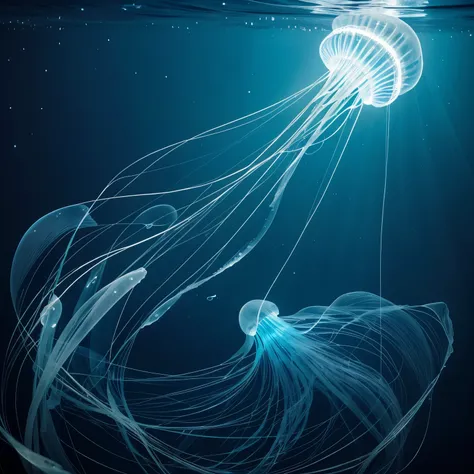 (jellyfish),(no human),animals,This captivating art piece is a vision of the deep blue cosmos, where colorful jellyfish float and glow against the dark backdrop of the night sky. Each jellyfish is a masterpiece of natures geometry, its bioluminescent tenta...