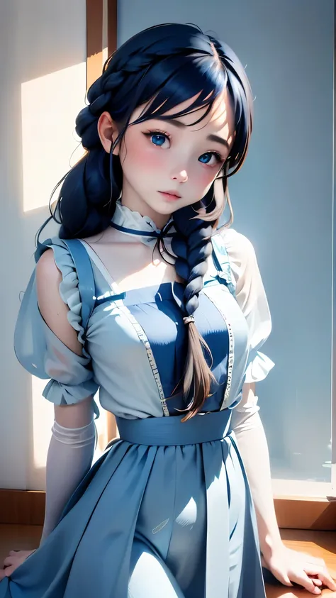 (((horizon blue world:1.3)))、highest quality, table top, High resolution, (((1 girl))), 16 years old,(((french braid:1.2)))、(((i am horizon blue:1.3)))、horizon blue dress、((horizon blue shirt:1.3、horizon blue color block dress)), Tyndall effect, realistic,...