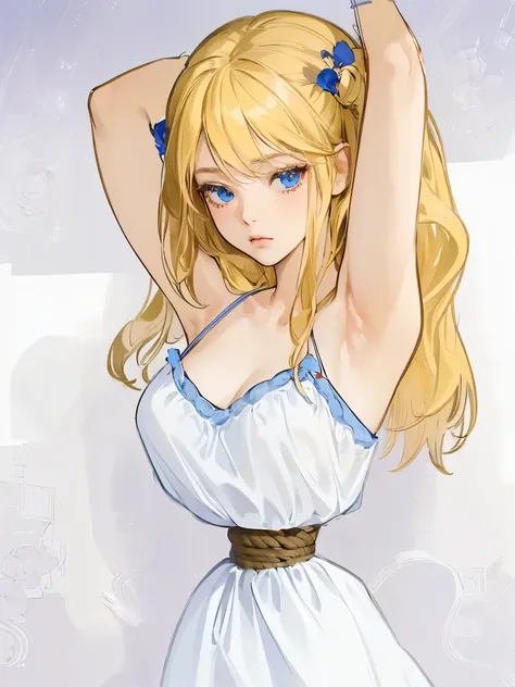 ((masterpiece)), ((best quality)), (ultra-detailed), torture room,(((rope strongly bound waist))),a cute girl, 1girl, solo,camisole onepiece dress,beautiful blonde hair, (beautiful blue eyes), long hair, expression of agony