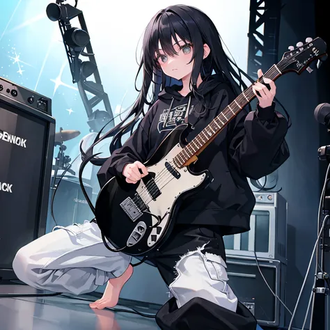 black long hair, wearing baggy pants, oversized hoodie, barefoot, playing electric guitar, stage, illumination, sparkling