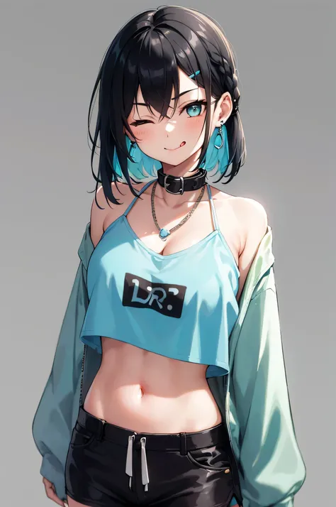 1girl, solo, portrait, short hair, black and cyan gradient hair, two tone hair, cyan eyes, female focus, medium sized breasts, big thighs, urban wear, street clothing, simple background, side braids, bangs, one eye closed, Menacing smile, upper body, short...