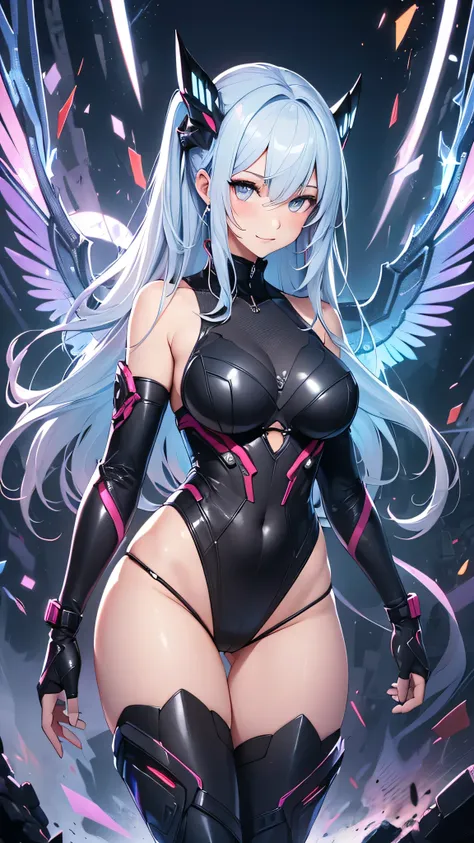 最high quality、best image quality、masterpiece、girl((20-year-old、 By becoming、vest bust、medium bust,wide open breast tea、shining eyes, light blue hair、long hair、thin,highest valley、ponytail、robot body、Machine body、half-backed posture、floating state、mechanica...