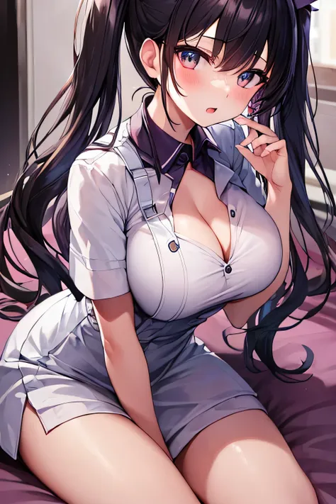 masterpiece、best image quality、ultra high resolution、teenage girl with big breasts、twin tail hairstyle、black hair、red face、shyly、mock、Open your mouth just a little、A white short-sleeved nurse uniform that shows the cleavage of a teenage girl、white thigh hi...