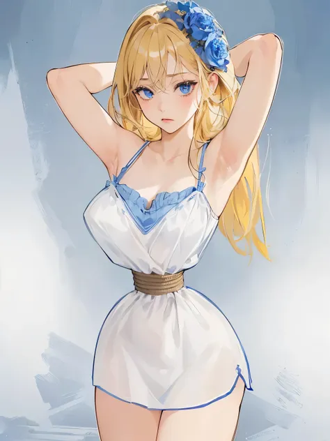 ((masterpiece)), ((best quality)), (ultra-detailed), torture room,(((rope strongly bound waist))),a cute girl, 1girl, solo,camisole onepiece dress,beautiful blonde hair, (beautiful blue eyes), long hair, expression of agony