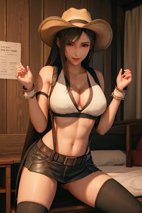 (Hattifah, cowboy hat, brown vest, white shirt, cleavage, abdomen, brown skirt, belt, cowboy boots),NSFW smile, blush, (Sweat, trembling:1.3),(masterpiece, highest quality:1.4),(highest quality:1.4) ,unreal engine,masterpiece, (blush smile:1.1),very detail...