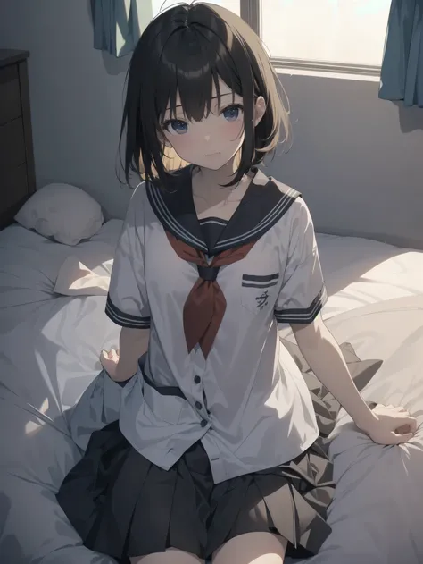 Ultra-highest quality by the art god, super detailed, High resolution, anime moe art style, Best Anime 8K Kona-chan Wallpaper, pixiv contest winner, perfect anatomy, break,(please draw a picture of a girl sitting sleepily on her bed. )break, 1 girl,(alone,...