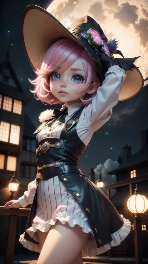 ((Chibi 3D))) Cute and beautiful chibi anime/Bob style hair mixed with pink, white and blue,On the steampunk cityscape、Cute witch flying on a broom。background night sky。big moon。witch hat、blue eyes