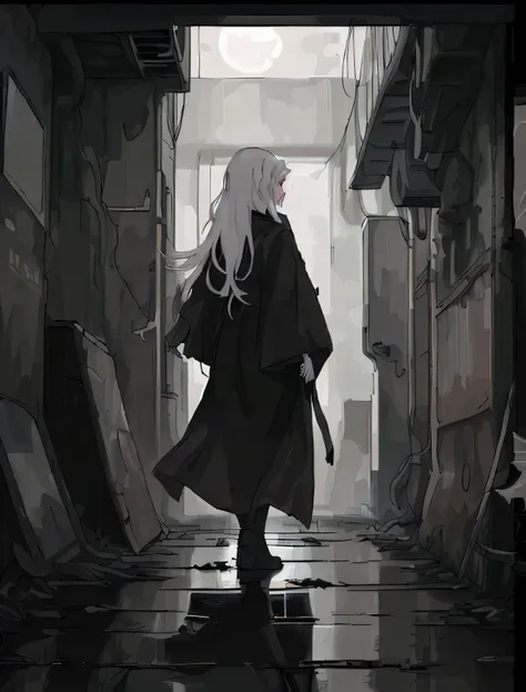 ((night))，low saturation，dark environment，Weird atmosphere，Miss，long hair，white hair，black robe，Return to camera，Side face and back，abandoned factory，crime scene