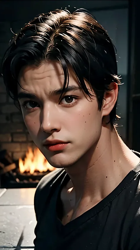 Young Bruce Wayne man black hair, big muscular body, black shirt, in a dark room fire place light closeup face short