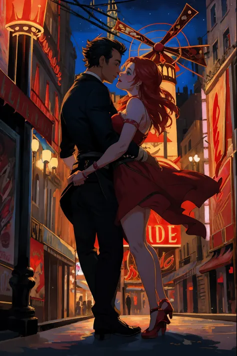 arafed image of a couple in a city street at night, moulin rouge!, moulin rouge, movie artwork, concept art of love, movie art, movie poster painting, bestselling movie art poster, romance novel cover, martin ansin, inspired by Vincent Lefevre, belle epoqu...