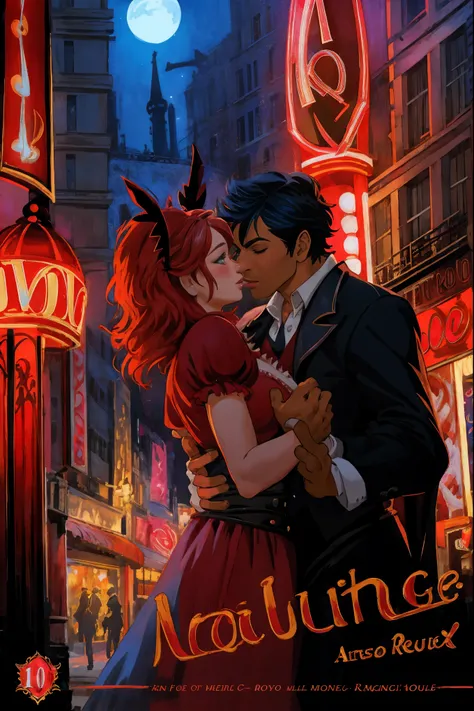 arafed image of a couple in a city street at night, moulin rouge!, moulin rouge, movie artwork, concept art of love, movie art, movie poster painting, bestselling movie art poster, romance novel cover, martin ansin, inspired by Vincent Lefevre, belle epoqu...