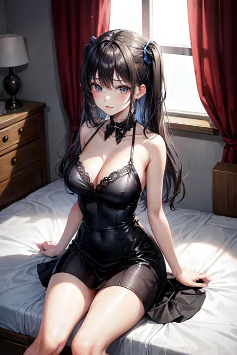 highest quality、cinematic lighting、Girl sitting on bed、big breasts、black dress、The chest is greatly exposed、embarrassing、