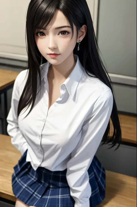 {top quality, masterpiece, ultra detailed}, (Realistic: 1.3), (photo Realistic: 1.3),wallpapers, BREAK {from above},(((FF7,Tifa_lockhart))),{{{Japanese JK uniform, collared school shirt, long-sleeved, Navy Blue Plaid Pleated mini-Skirt}}}, {{high school, c...