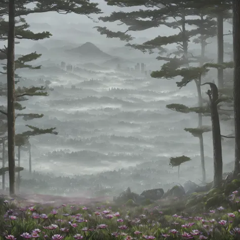 fantastic, forest on cliff, fluttering petals, blight hazy background, sf city in hazy distance