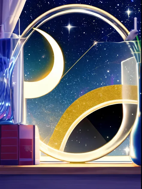 crescent moon in glass　background universe　sparkling star々