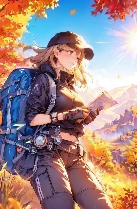 Limited to 1 woman, trekking, /(stylish hiking wear/), mature woman, /(medium hair/) bangs, A light smile with blushing cheeks, (A masterpiece of the highest quality:1.3) Delicate illustrations are drawn in super detail, large breasts break /(carrying a ba...