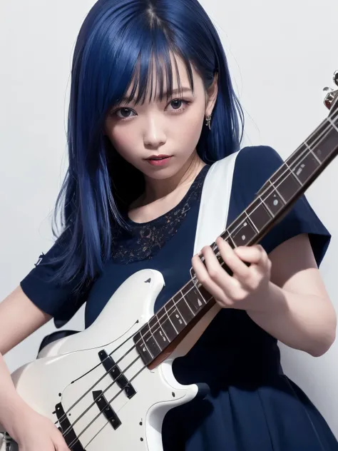 (((best image quality、8k、Beautiful woman、Pure white wall background)))、bassist、Im playing bass、playing the basedium hair woman、blue hair color、sad expression、wearing a light blue dress、