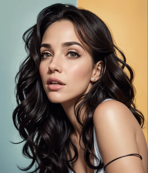 um close de uma mulher com longos cabelos pretos e olhos azuis, no art style by bowater, usando uma camiseta, retrato colorido detalhado, pintura realista de linda garota, belo retrato, retrato de alta qualidade, estilo de arte realista, 🤤 retrato de , epi...