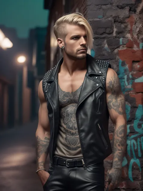 sensual rock star male, black studded sleeveless leather vest, black leather pants, blond hair, green eyes, muscular shoulder, shoulder tattoo, defiant piercing gaze, defiant pose leaning against a wall in a city alley full of skull pattern graffiti, on a ...