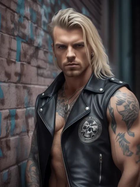 sensual rock star male, black studded sleeveless leather vest, black leather pants, blond hair, green eyes, muscular shoulder, shoulder tattoo, defiant piercing gaze, defiant pose leaning against a wall in a city alley full of skull pattern graffiti, on a ...