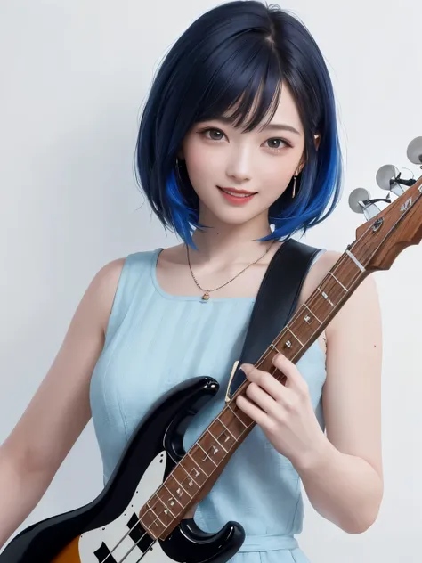 (((best image quality、8k、Beautiful woman、Pure white wall background)))、bassist、Im playing bass、playing the basedium hair woman、blue hair color、smile、wearing a light blue dress、