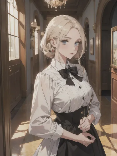 Highest, high quality, masterpiece, eye details, good looking, good looking, Butler, hallway window,  cleaning, aristocratic house, masterpiece, Highest品質, beautiful, animation,Big breasts,A man in his 30s