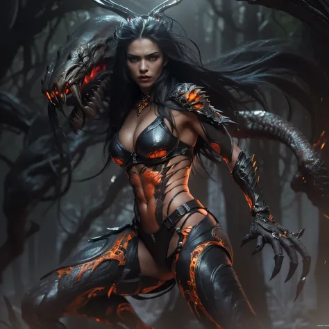 1 female alien, The predator, (extremely beautiful:1.2), (intense gaze:1.4), (predator:1.1), long dark claws, (NSFW:0.8), nipples, thick eyebrows, (She has shining orange eyes:1.2), the most beautiful face in the universe,  jet black hair, symmetrical beau...