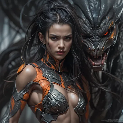 1 female alien, The predator, (extremely beautiful:1.2), (intense gaze:1.4), (predator:1.1), long dark claws, (NSFW:0.8), nipples, thick eyebrows, (She has shining orange eyes:1.2), the most beautiful face in the universe,  jet black hair, symmetrical beau...