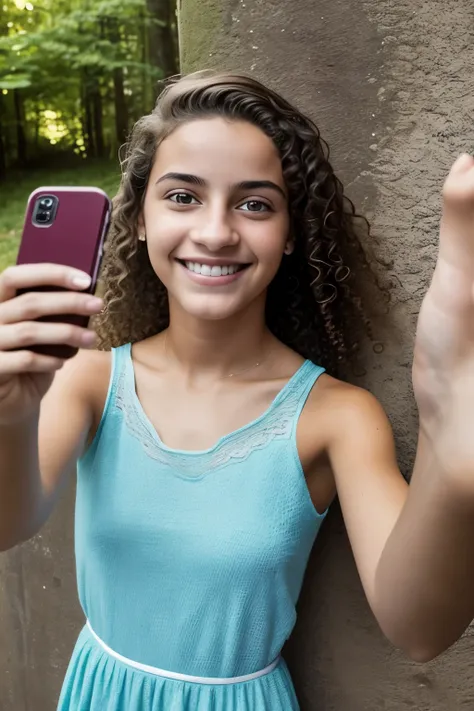 RAW photo in sequence, uma foto de uma adolescente 15 anos, ((selfie de todo o corpo, sorridente)), pele brilhante e macia, sausage eyes, vestido rosa escarlate, Miriam Monteiro, Atriz sexualmente atraente, Mirada sedutora, Luzes naturais, HDR, Foto profis...