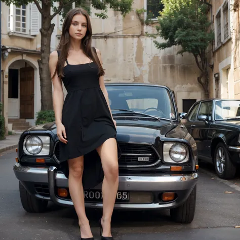 A beautiful and fit European woman, white skin, long brown hair, blue eyes, black dress, next to an old car