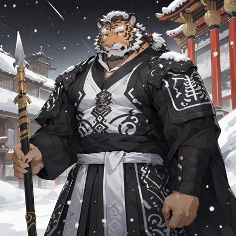 (白色tiger),(黑白阴阳general古代战袍),holding a halberd,powerful posture,standing calmly,(the background is a city covered with ice and sn...