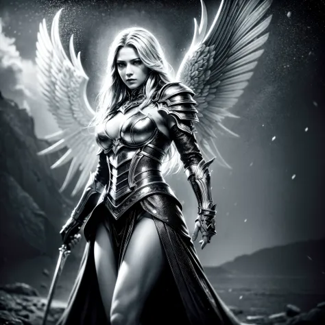 8k, ultra detailed, masterpiece, best quality, (extremely detailed), arafed, dnd art, portrait, full body, aasimar, female, (Masterpiece 1.3, intense details), female, paladin, holy warrior fighting undead (Masterpiece 1.3, intense details) large angelic w...